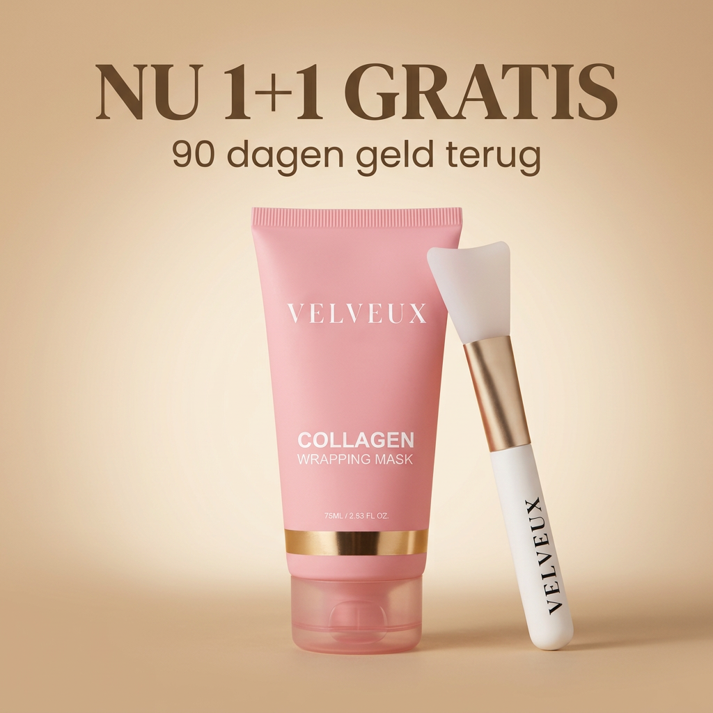 Velveux Bio-Collageen Masker met kwast op beige achtergrond, nu 1+1 gratis
