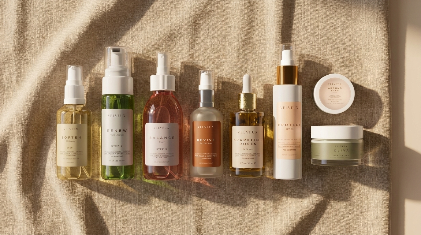 Skincare dag- en nachtroutine flatlay, warme tinten