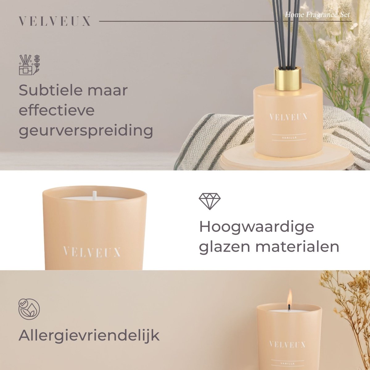 Geurkaars en geurstokjes home decoratieset | Vanille – VelveuxNL