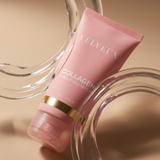 Velveux collageen masker tube met heldere gel-linten op beige achtergrond