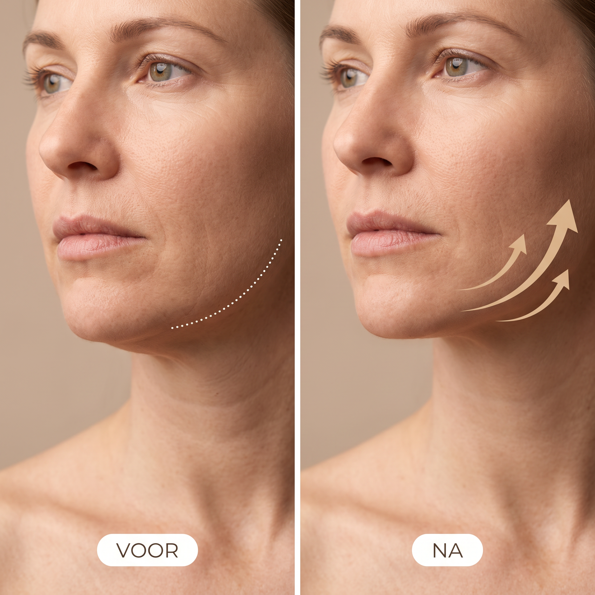 Kaaklijn voor en na, met markering langs de contour