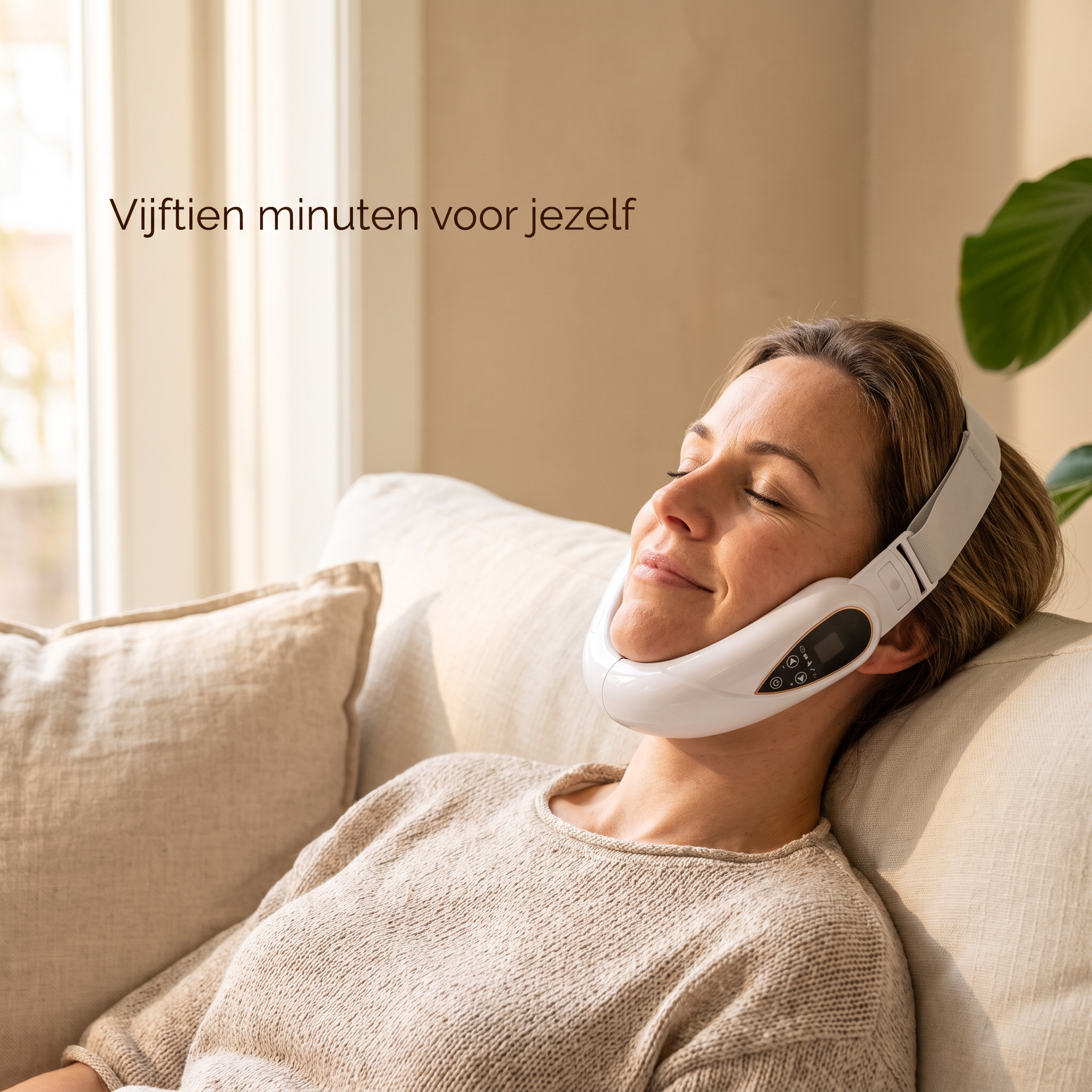 Vrouw ontspant op de bank met het apparaat om haar kaaklijn
