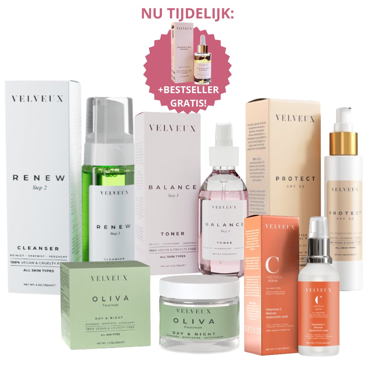 The 5 daily essentials + gratis rozenolie - Velveux - 8720618457936 - Vegan en Natuurlijke skincare routine's