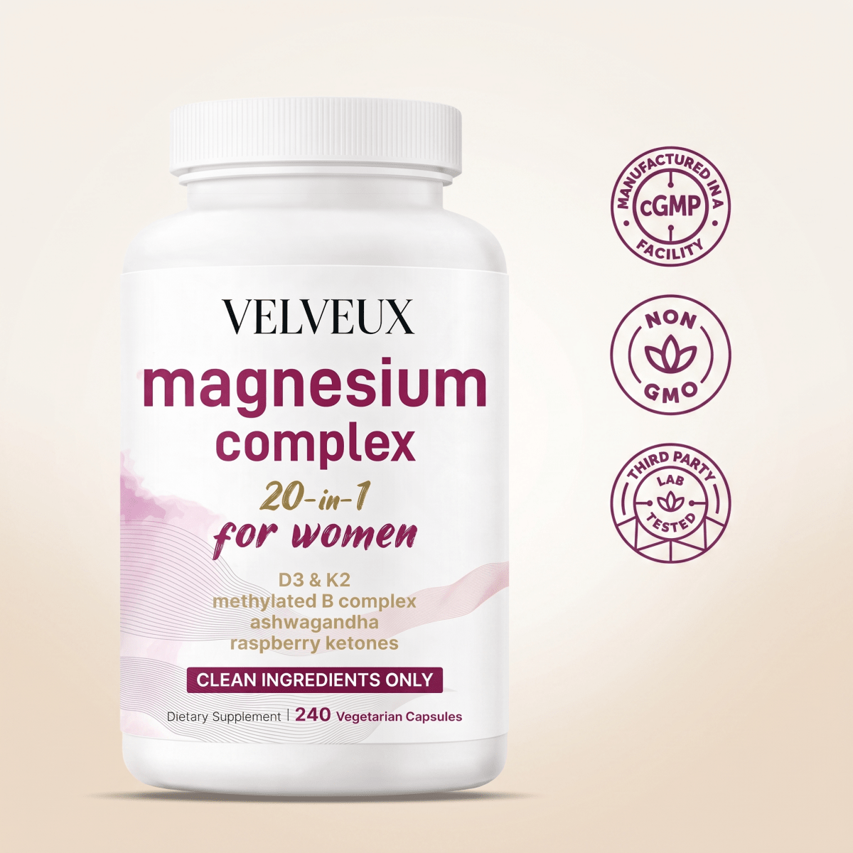 Velveux Magnesium Complex 20-in-1 voor Vrouwen — 240 vegetarische capsules